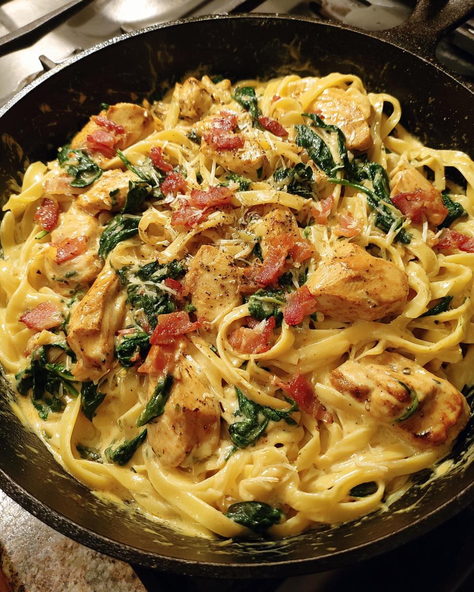 Een pan vol romige kip Alfredo met spinazie en knapperige bacon, gegarneerd met Parmezaanse kaas.