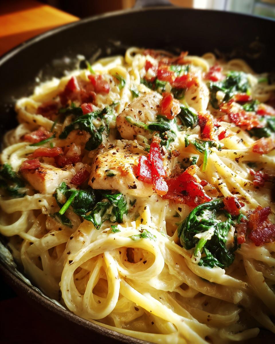 Close-up van romige kip Alfredo pasta met spinazie, knoflookboter en knapperige bacon.