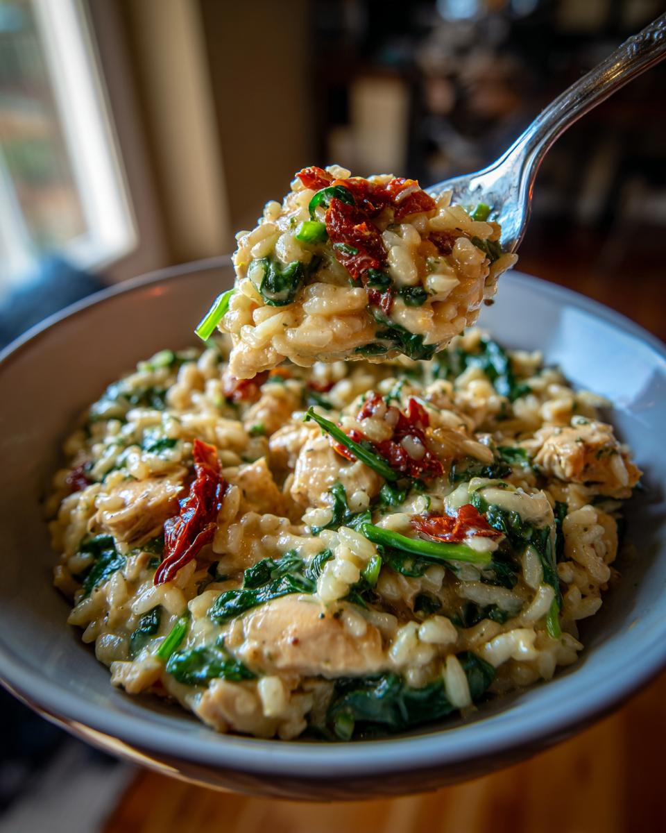 Een lepel vol romige kip risotto met spinazie en zongedroogde tomaten, klaar om te serveren.