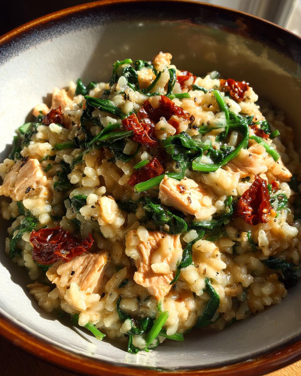 Close-up van romige kip risotto met spinazie en zongedroogde tomaten in een kom.
