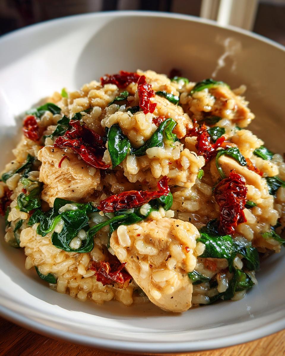Close-up van romige kip risotto met spinazie en zongedroogde tomaten in een witte kom.