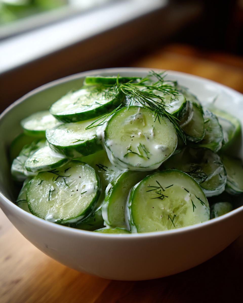 Close-up van een komkommersalade met dille en een romige dressing in een witte kom.