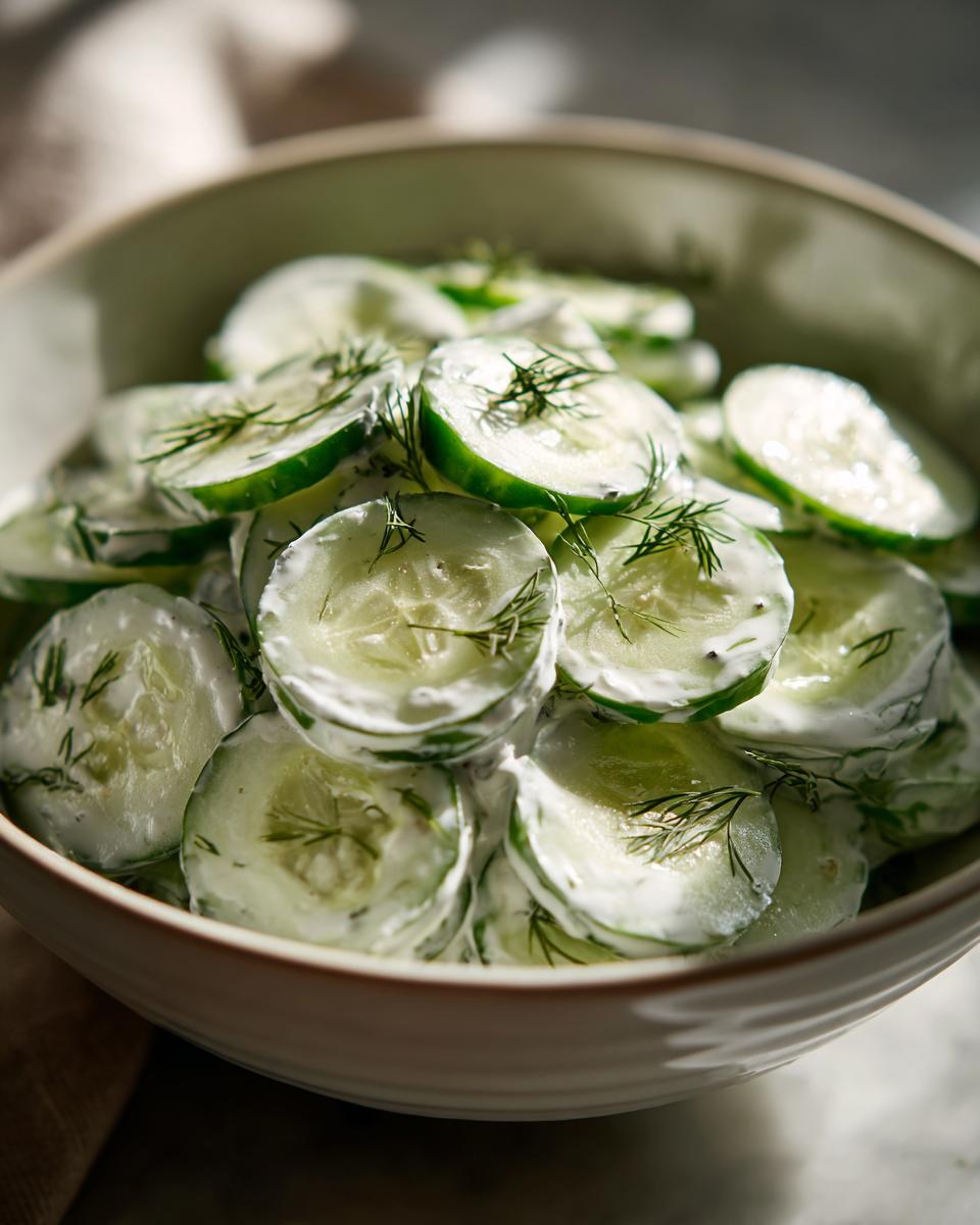 Close-up van een komkommersalade met dille en een romige dressing in een kom.