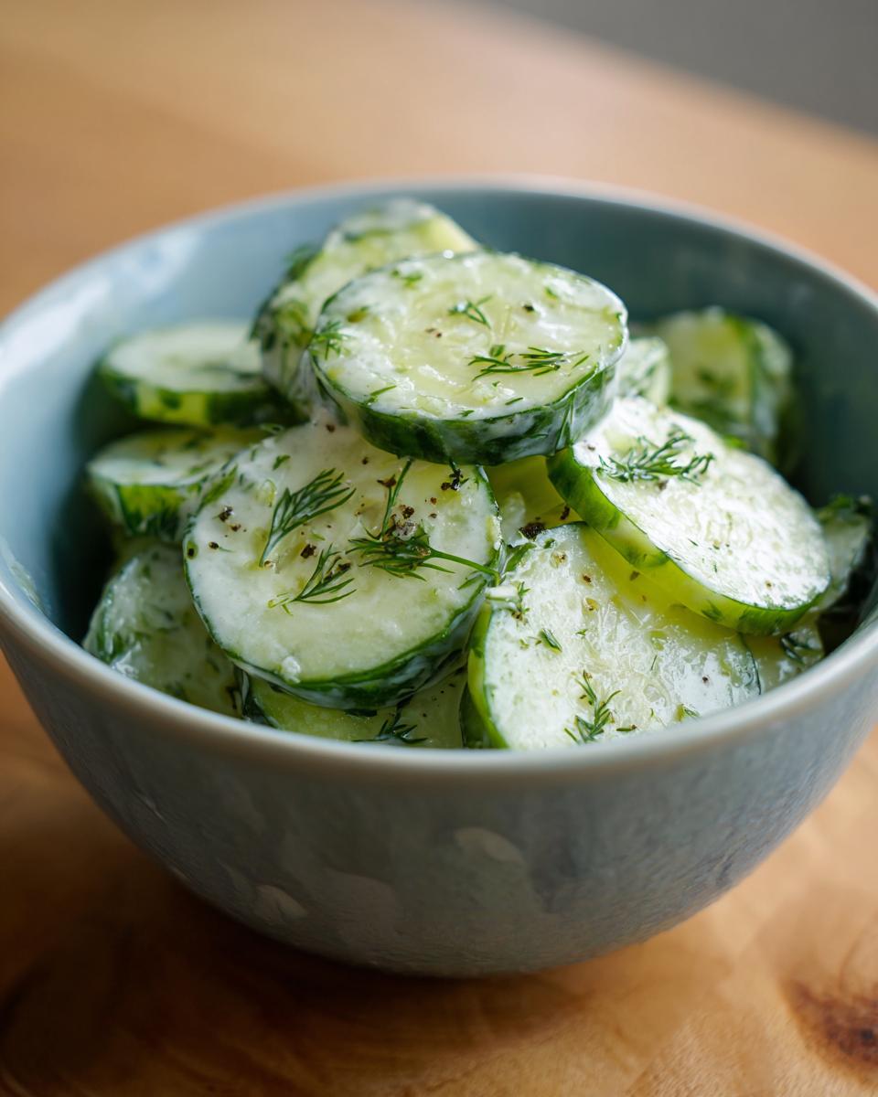 Close-up van een kommetje met romige komkommersalade met dille en zwarte peper.