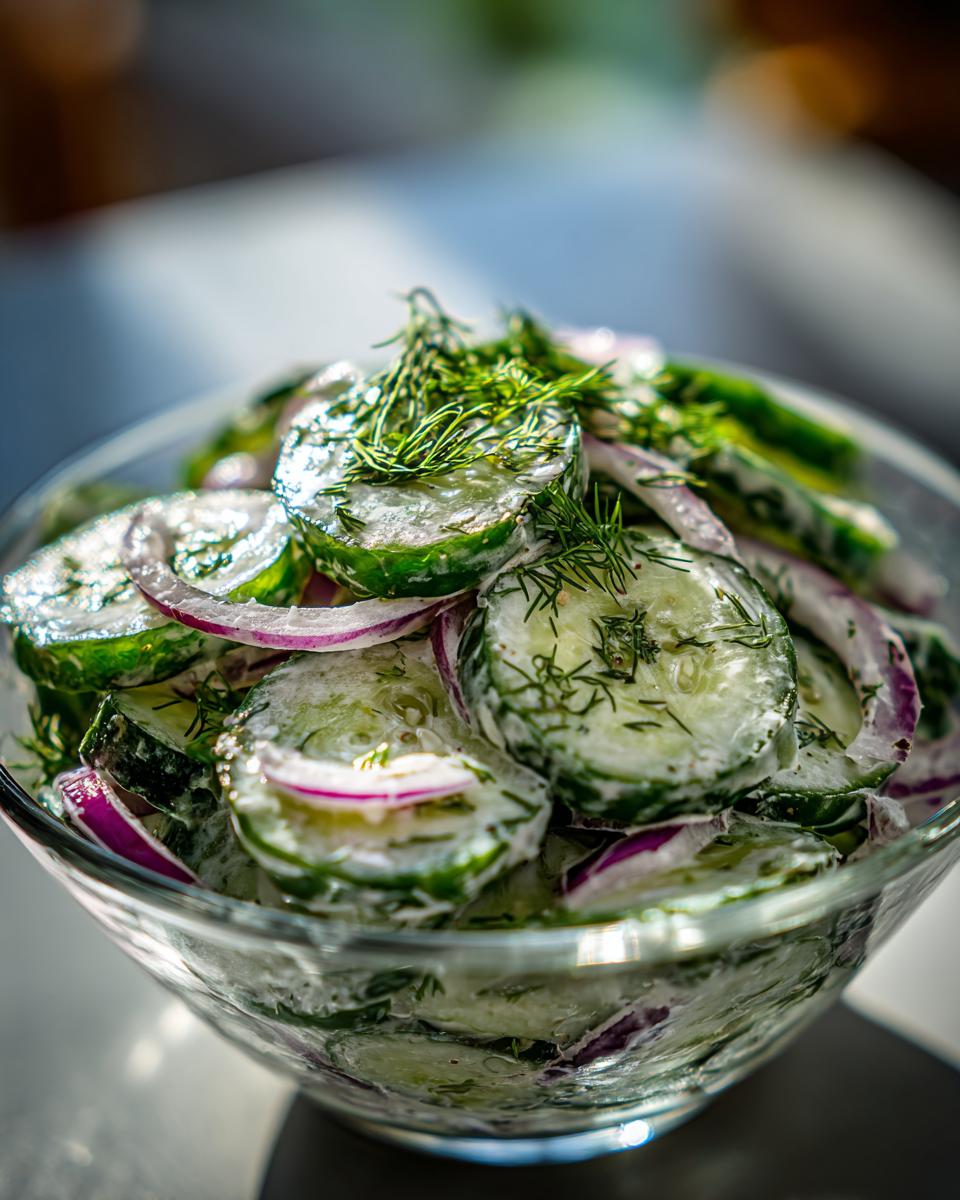 Close-up van een komkommersalade met dille en rode ui in een glazen kom.