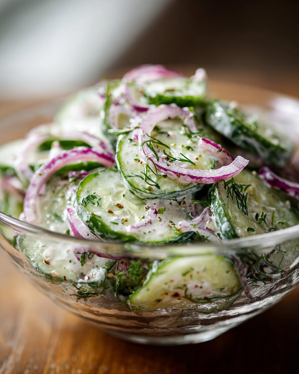 Close-up van romige komkommersalade met dille en rode ui in een glazen schaal.