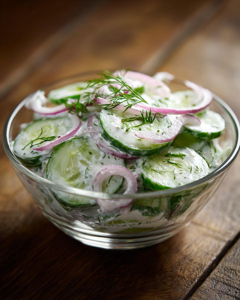 Close-up van een kommetje romige komkommersalade met dille en rode ui.