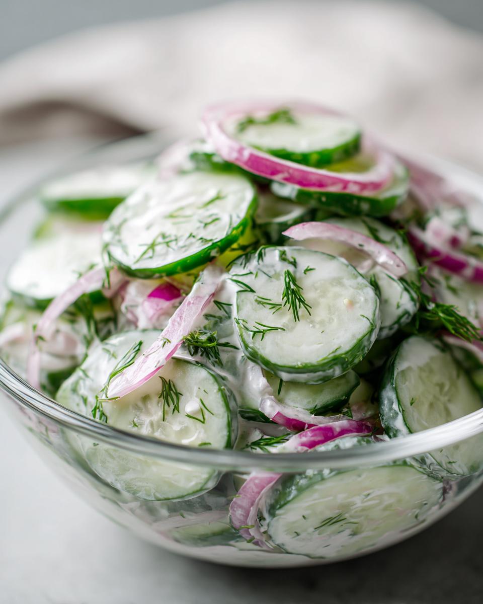 Close-up van een romige komkommersalade met plakjes komkommer, rode ui en verse dille.