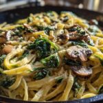 Close-up van romige spinazie en champignon fettuccine in een pan, met verse kruiden en Parmezaanse kaas.