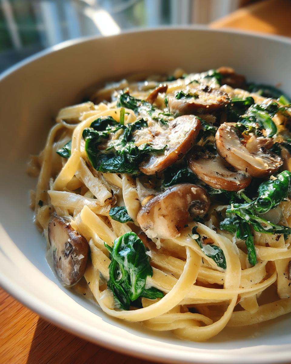 Close-up van romige spinazie en champignon fettuccine in een witte kom, met de nadruk op de pasta, spinazie en champignons.