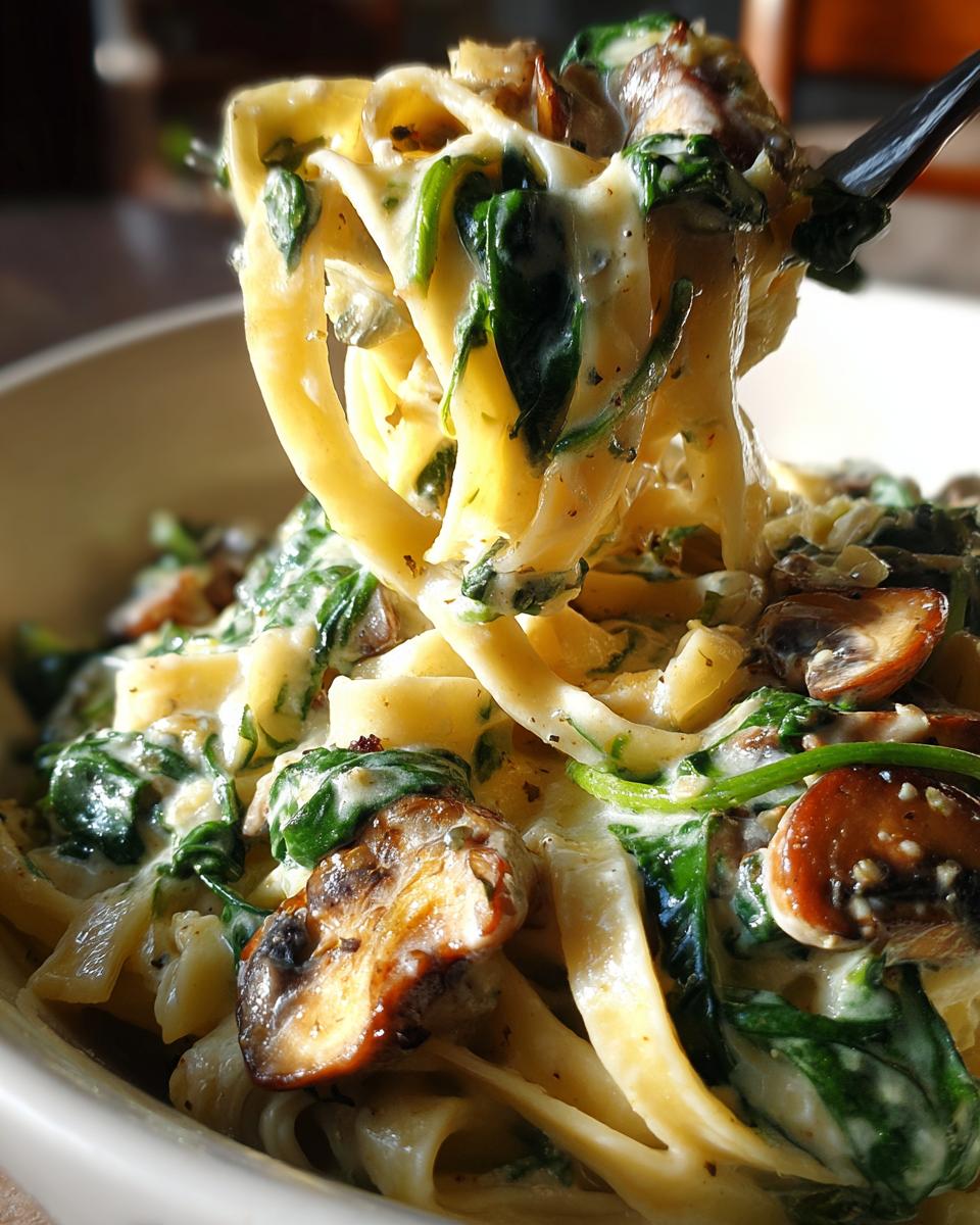 Close-up van romige spinazie en champignon fettuccine, met een vork die pasta optilt.