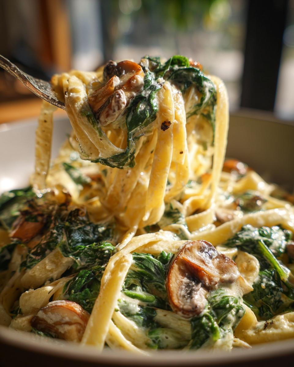 Een vork met romige spinazie en champignon fettuccine, bedekt met een heerlijke romige saus.