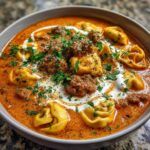 Close-up van een kom romige tomatensoep met tortellini, Italiaanse worst en verse peterselie.