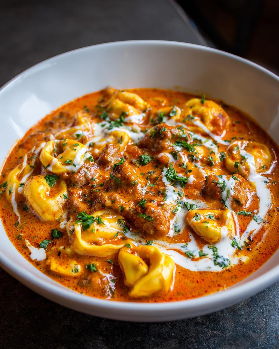 Close-up van een kom romige tomatensoep met tortellini en Italiaanse worst, gegarneerd met room en peterselie.