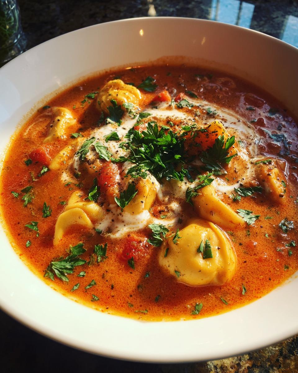 Een kom romige tomatensoep met tortellini, Italiaanse worst en verse peterselie.