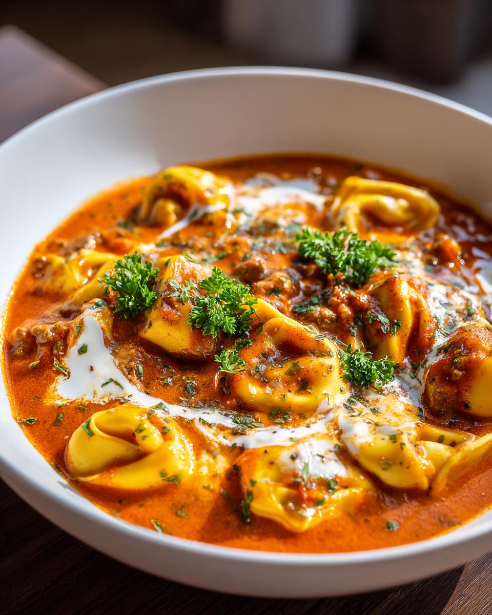 Close-up van een kom romige tomatensoep met tortellini en Italiaanse worst, gegarneerd met peterselie.
