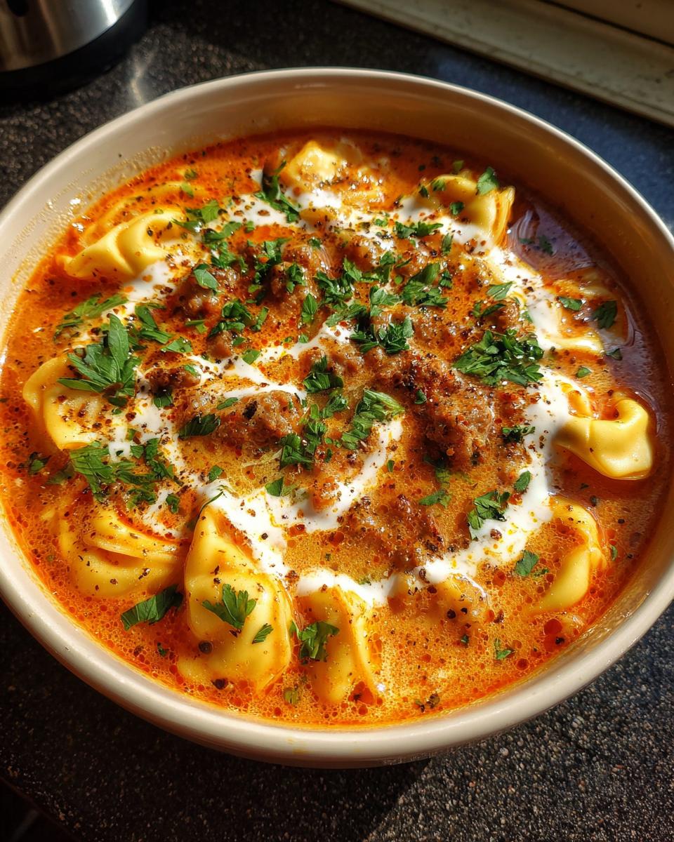 Een kom romige tomatensoep met tortellini, Italiaanse worst en peterselie.