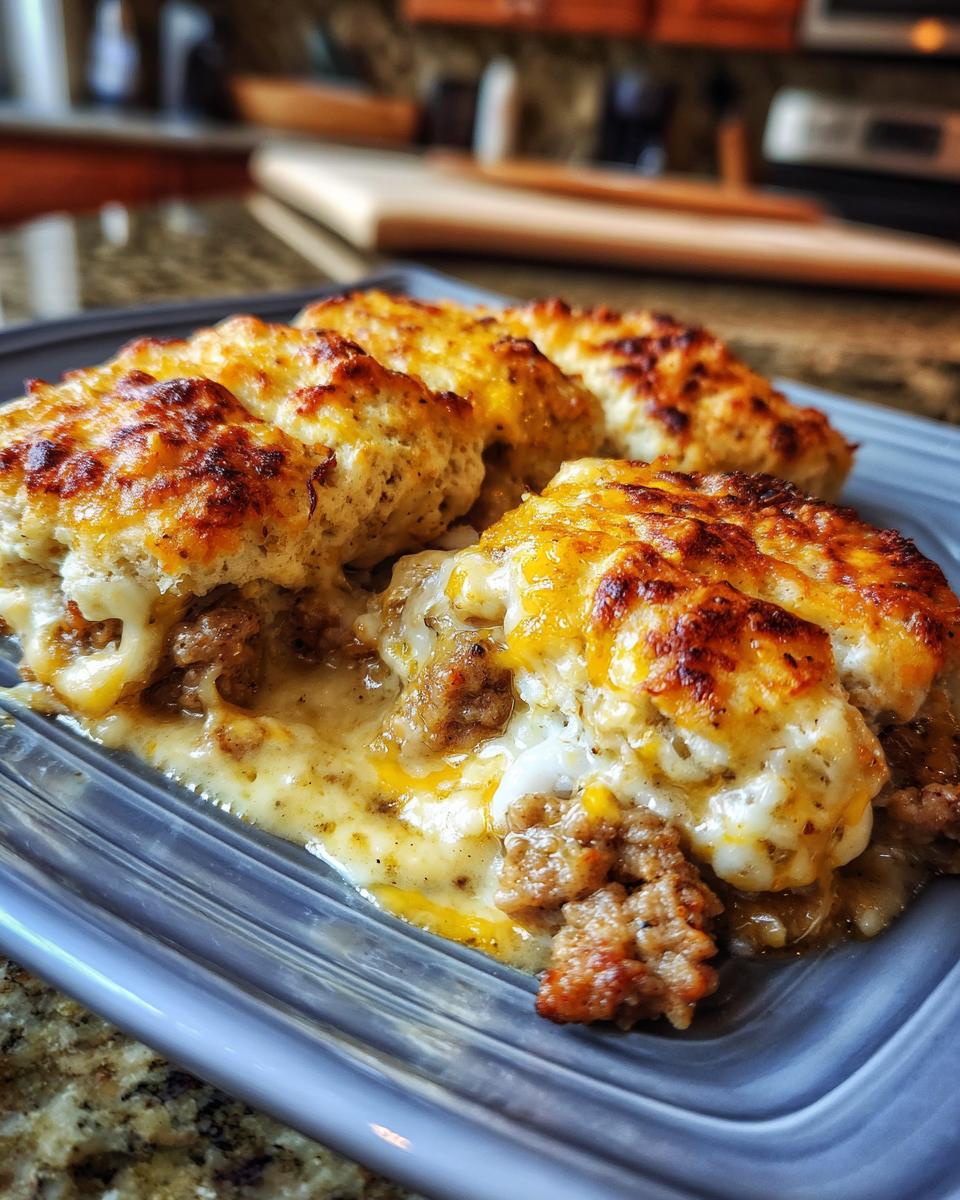 Close-up van een Sausage Gravy Biscuit Pie, met kruimelige biscuits, romige jus en gehakt, gegarneerd met gesmolten kaas.