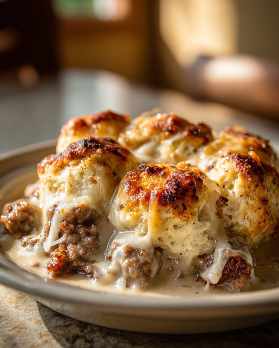 Close-up van een Sausage Gravy Biscuit Pie met goudbruine, gebakken koekjes bovenop een romige worstsaus.