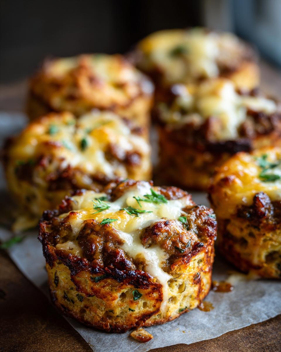 Close-up van een Sausage Gravy Biscuit Pie muffin, gegarneerd met gesmolten kaas en peterselie.