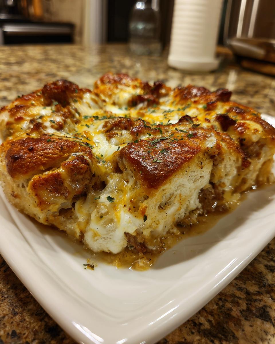 Een stuk Sausage Gravy Biscuit Pie met goudbruine bovenkant, gesmolten kaas en kruiden, op een wit bord.