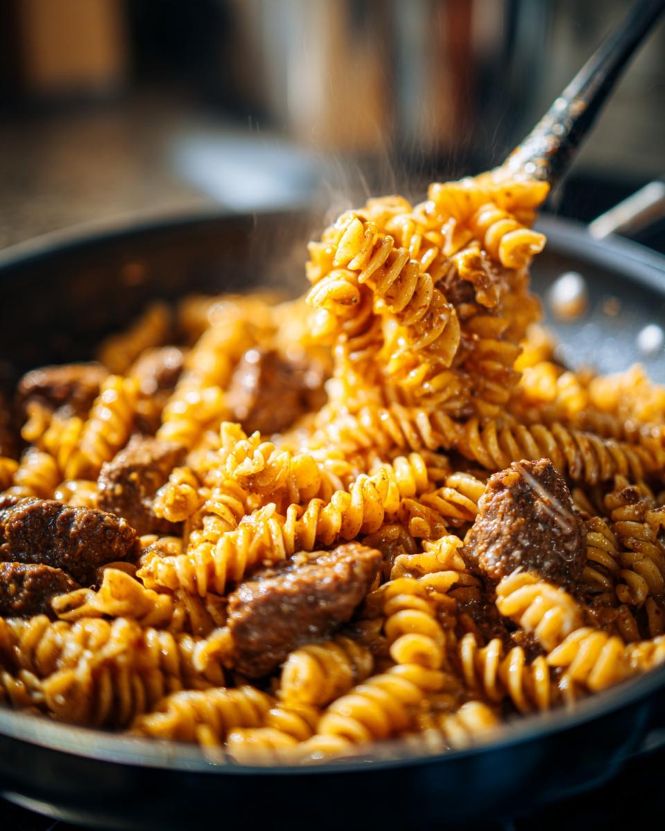 A close-up shot of steaming savory beef and rotini pasta coated in a rich garlic parmesan sauce.