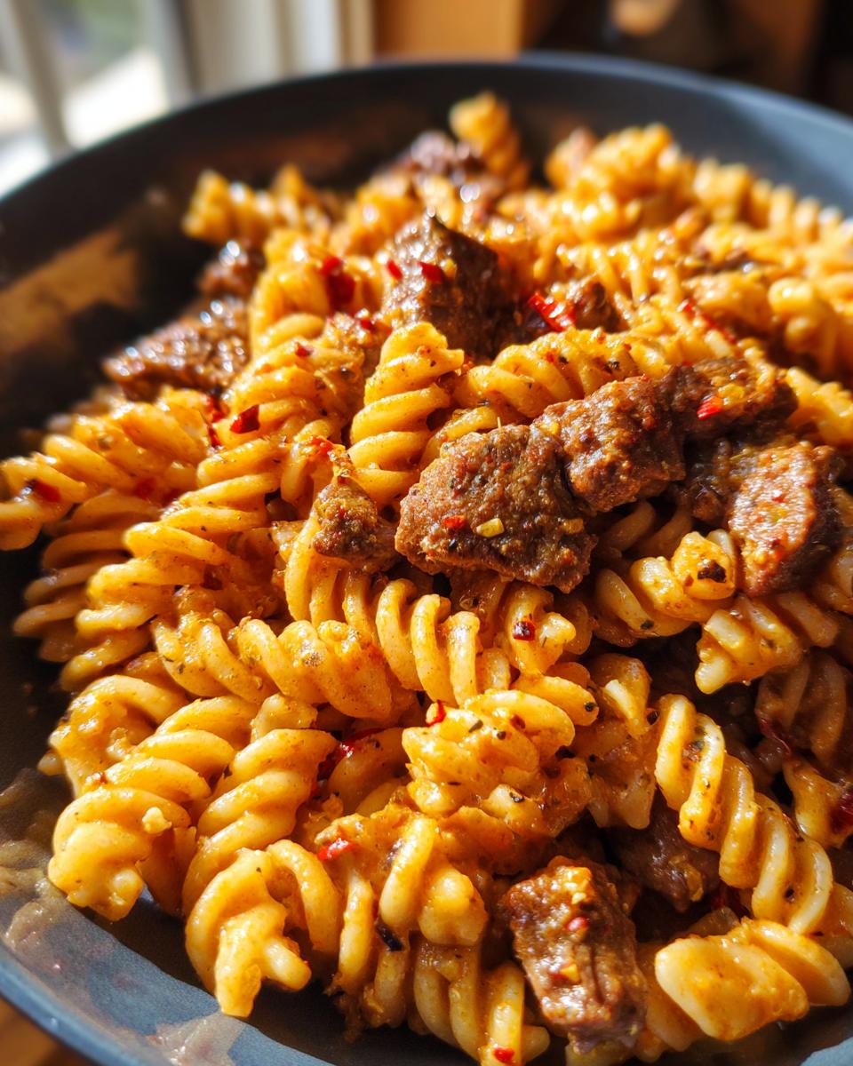 Close-up of a bowl of Savory Beef and Rotini in Garlic Parmesan Sauce, with red pepper flakes.
