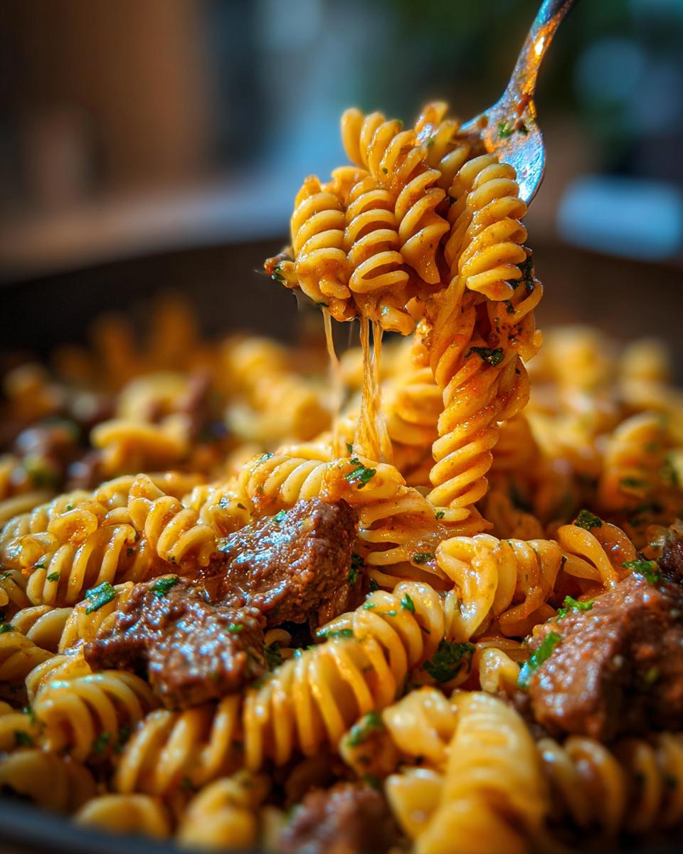A fork lifting a swirl of rotini pasta coated in creamy garlic parmesan sauce with chunks of savory beef.