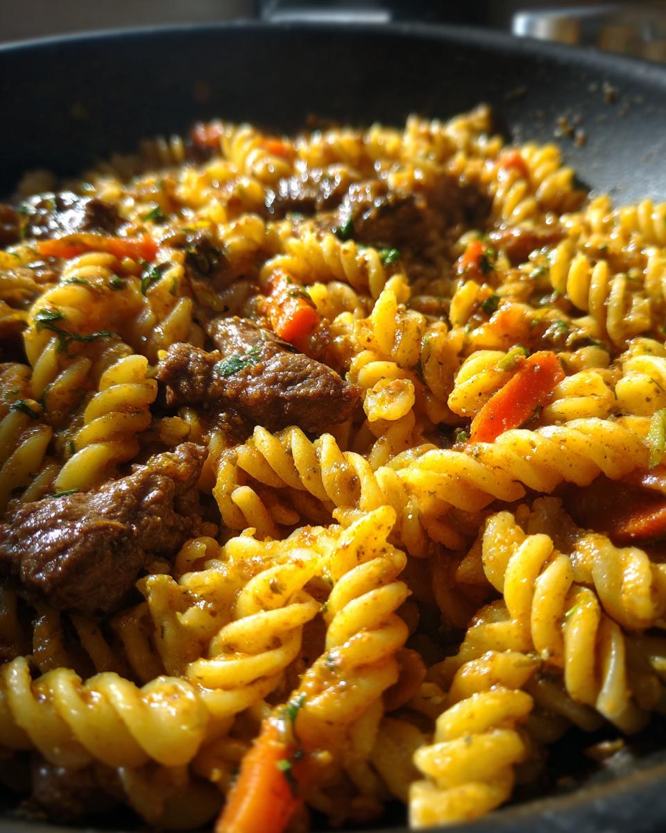 Close-up of Savory Beef and Rotini in Garlic Parmesan Sauce, featuring tender beef chunks and rotini pasta coated in creamy sauce.