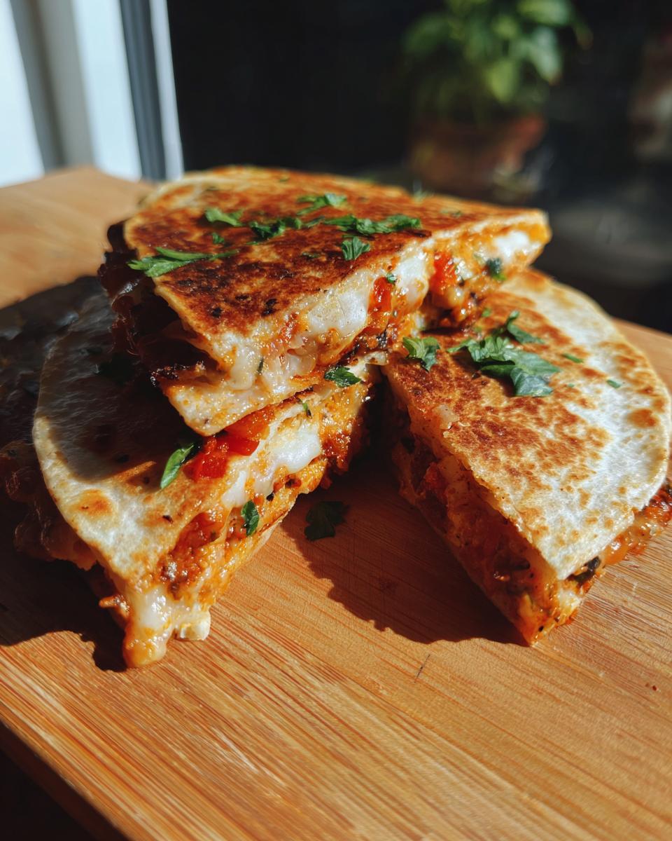 Gouden Sheet Pan Quesadillas, gesneden en gestapeld, met gesmolten kaas en peterselie garnering.