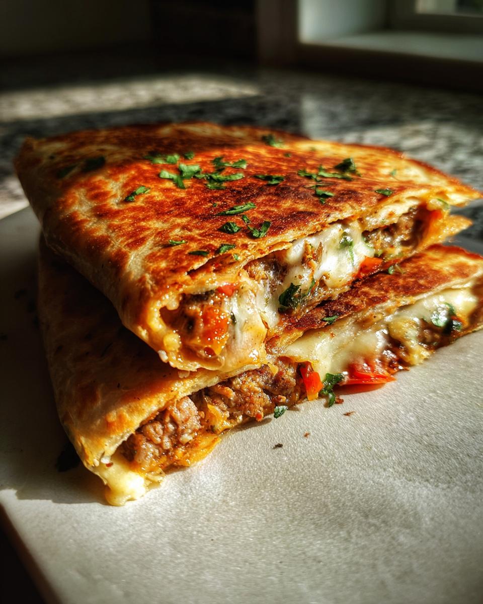Close-up van gesneden Sheet Pan Quesadillas, gevuld met gehakt, groenten en gesmolten kaas, gegarneerd met peterselie.