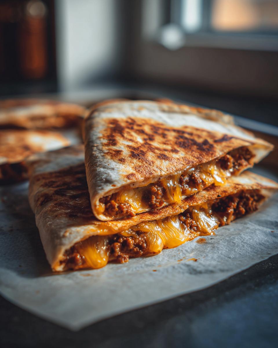 Close-up van Sheet Pan Quesadillas met overvloedig gesmolten kaas en kruidig gehakt.