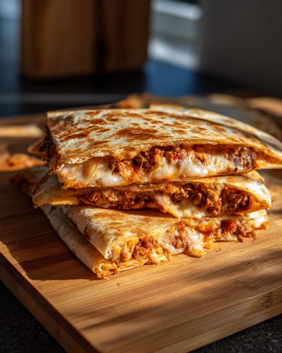 Gestapelde Sheet Pan Quesadillas met een rijke vleesvulling en gesmolten kaas op een houten plank.