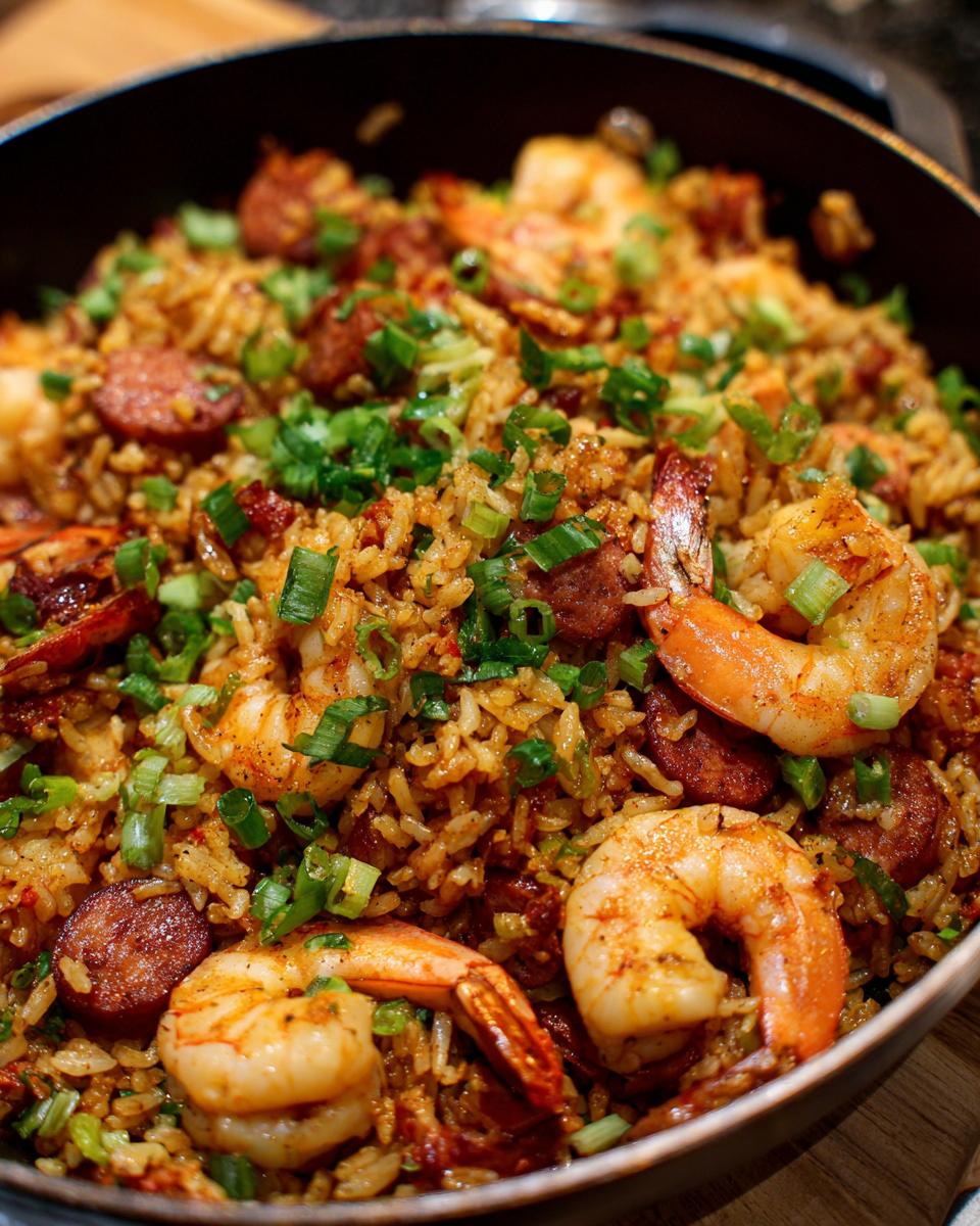 Close-up van een pan met Shrimp and Sausage Dirty Rice, gegarneerd met lente-ui.
