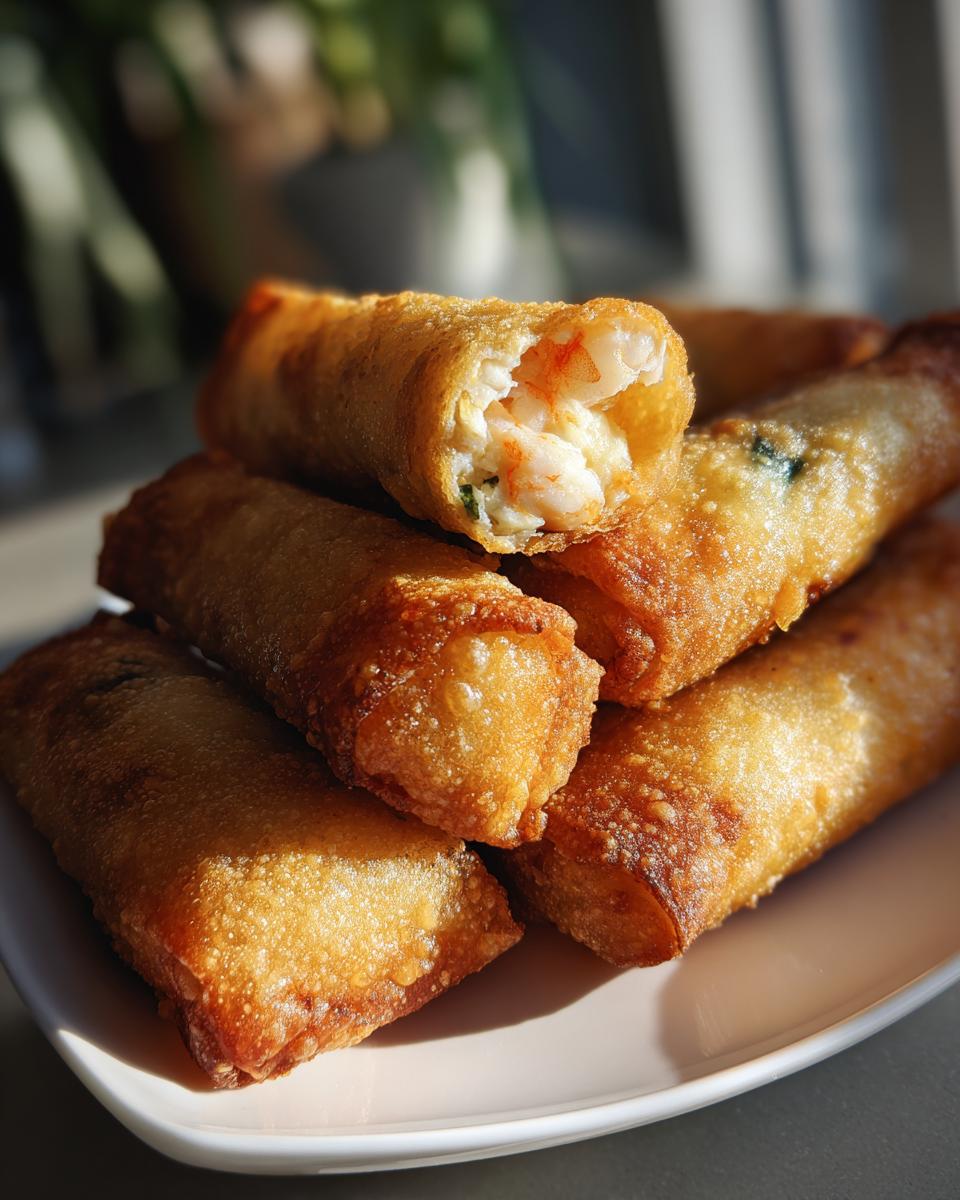 Close-up van knapperige Shrimp and Crab Cheese Rolls, één is doorgesneden en toont de garnalen vulling.