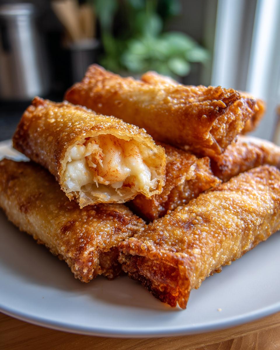 Gouden, krokant gefrituurde Shrimp and Crab Cheese Rolls op een bord, één is doorgesneden en toont de vulling.