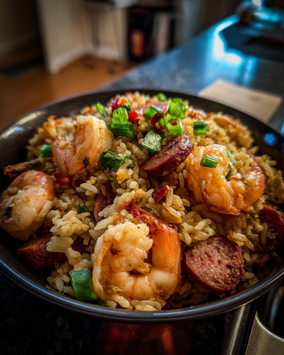 Close-up van een kom Shrimp and Sausage Dirty Rice, gegarneerd met garnalen, worst en lente-ui.