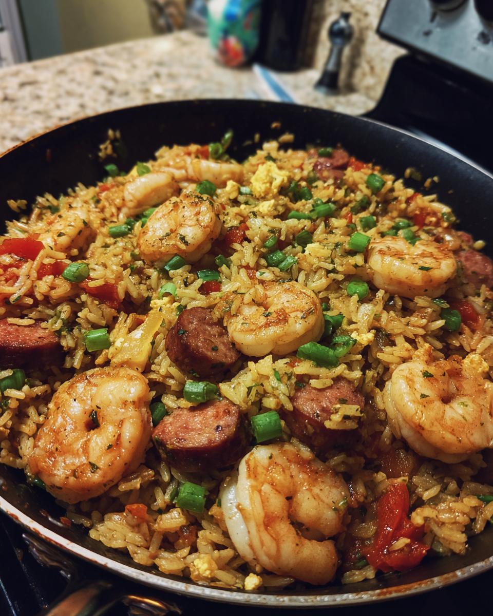 Close-up van Shrimp and Sausage Dirty Rice in een pan, met garnalen, worst en groenten.