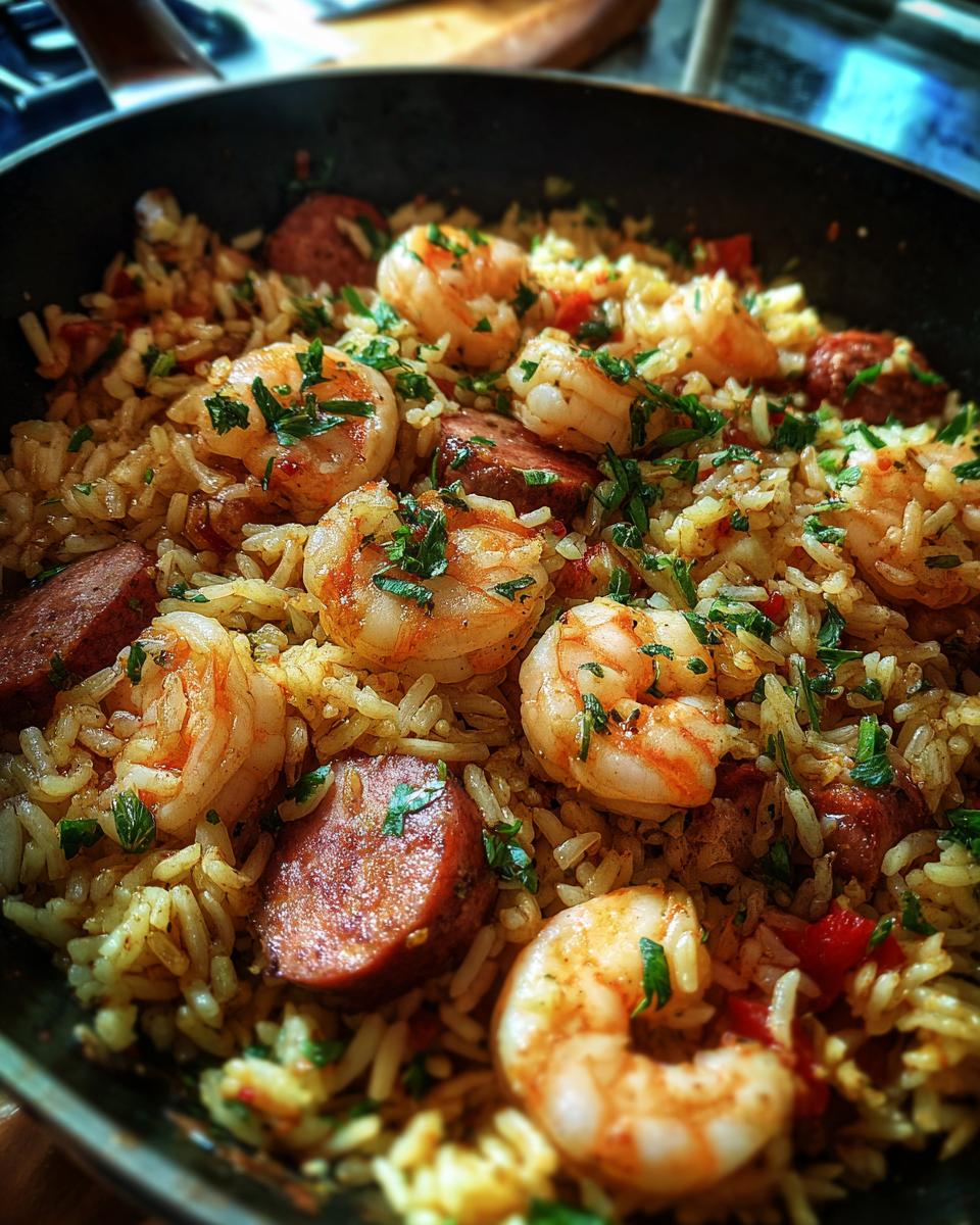 Close-up van Shrimp and Sausage Dirty Rice in een pan, gegarneerd met peterselie.