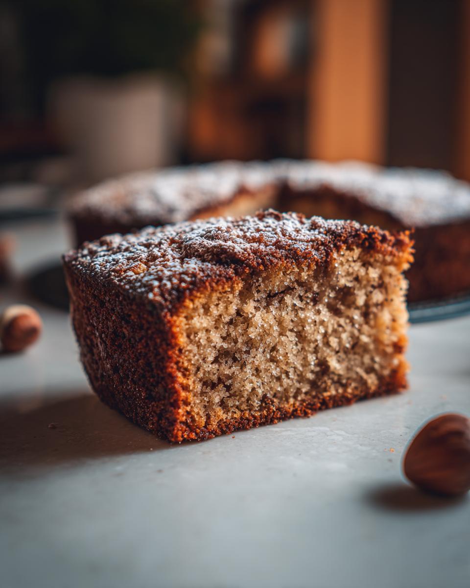 A close-up of a slice of Irresistible Sicilian Hazelnut Cake, dusted with powdered sugar.