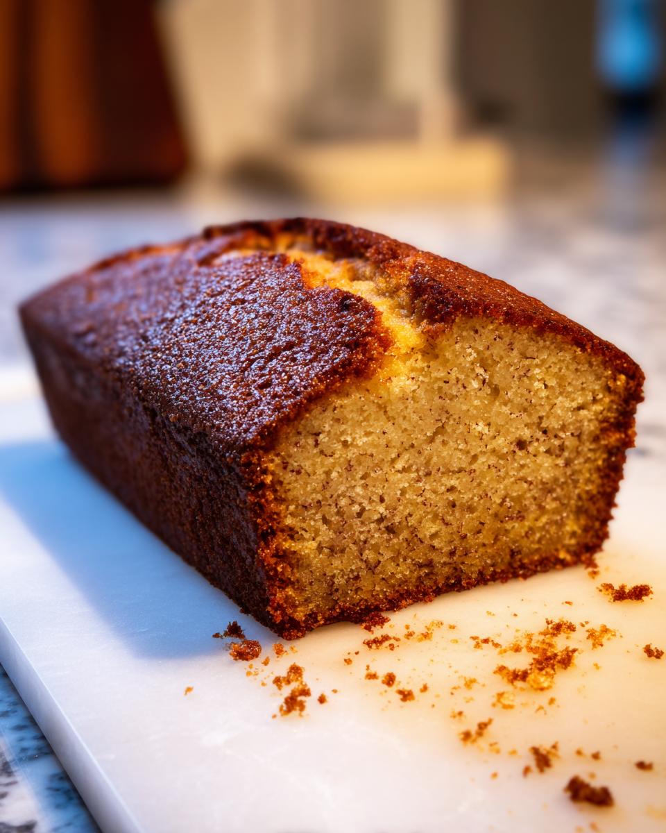 A close-up of a slice of Irresistible Sicilian Hazelnut Cake on a white marble board, showing its crumb and golden-brown crust.