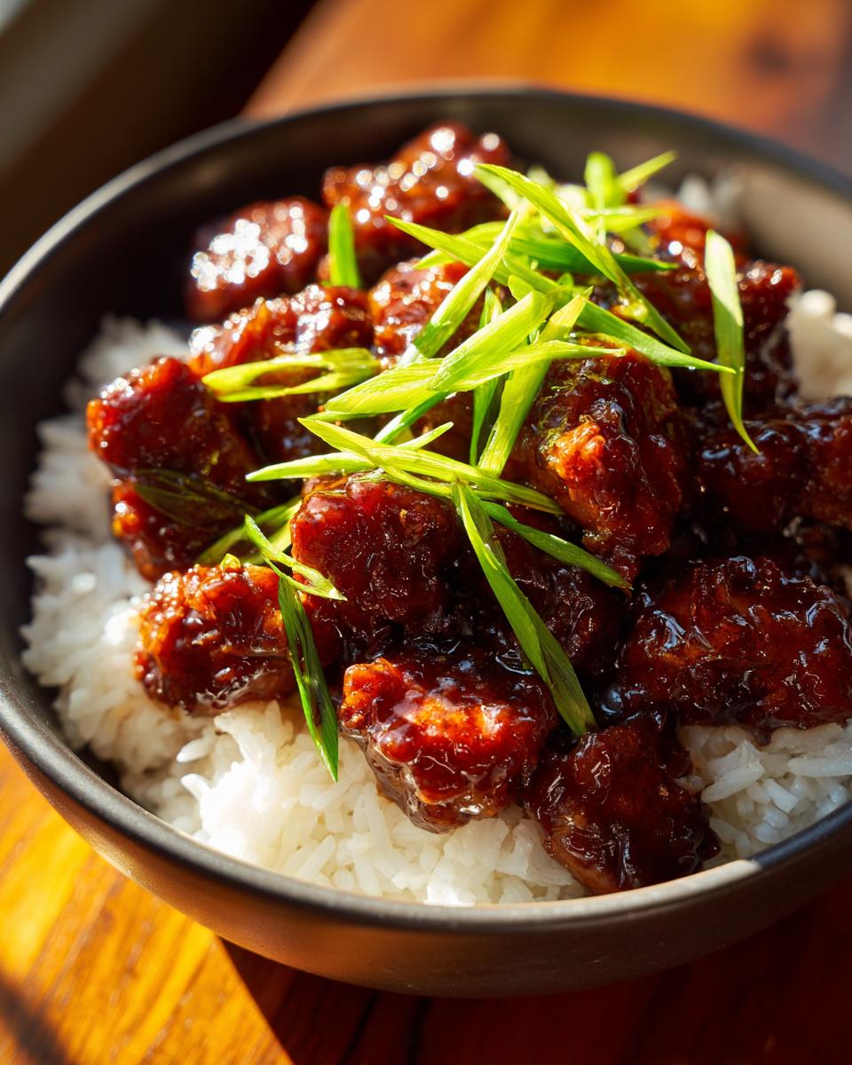 Geglaceerde stukjes kip in bourbon saus geserveerd op witte rijst, gegarneerd met lente-ui.