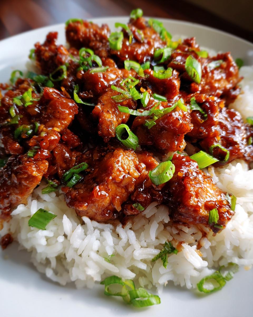 Close-up van heerlijke slow cooker bourbon kip geserveerd op witte rijst, gegarneerd met lente-ui.