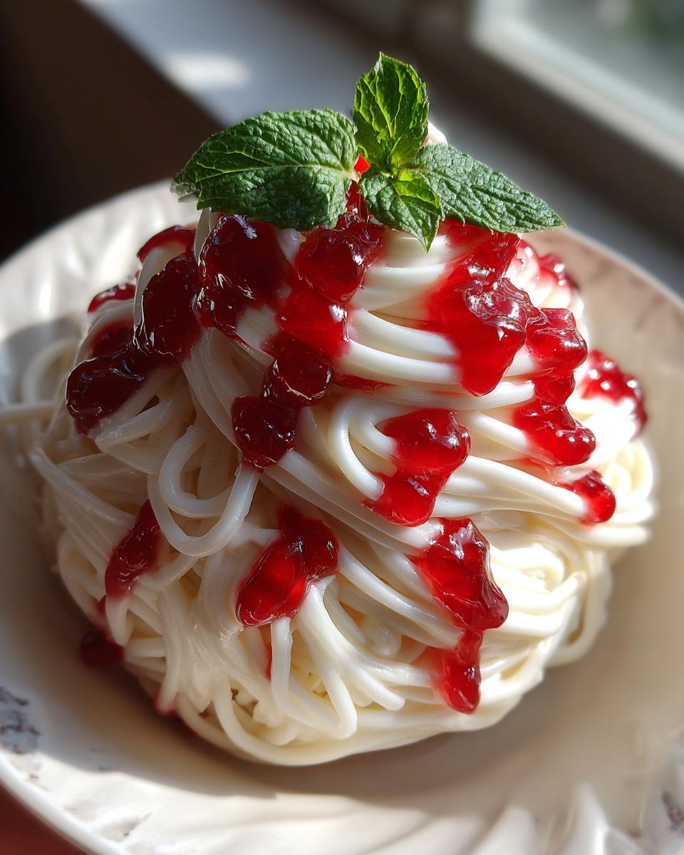 Een heerlijke Spaghetti Ice Cream Delight met witte 'spaghetti' vanille-ijs, overgoten met rode aardbeiensaus en gegarneerd met munt.