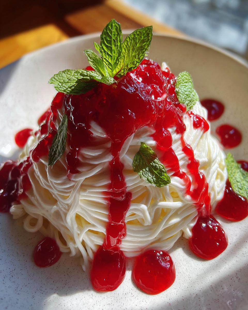 Een close-up van Spaghetti Ice Cream Delight, bedekt met aardbeiensaus en gegarneerd met muntblaadjes.