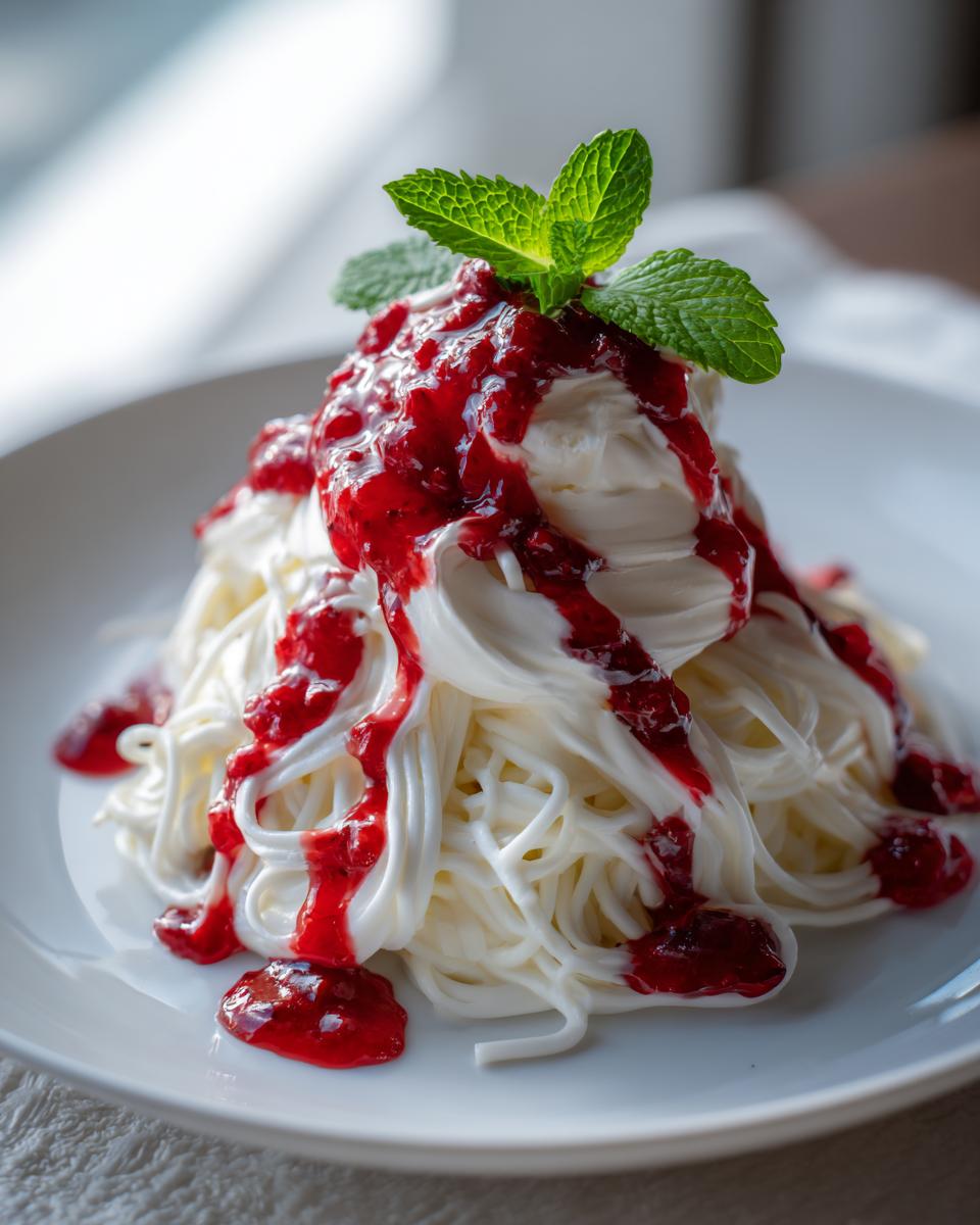 Close-up van een Spaghetti Ice Cream Delight met witte room, rode aardbeiensaus en muntblaadjes.