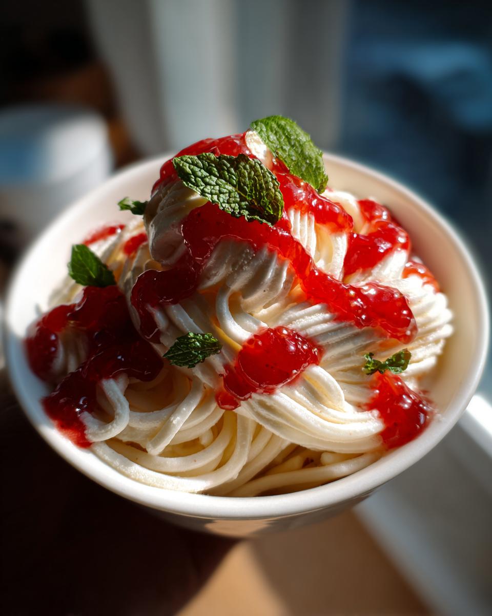 Een kom met Spaghetti Ice Cream Delight, versierd met aardbeiensaus en muntblaadjes.
