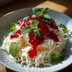Een heerlijke Spaghetti IJs Delight, versierd met aardbeiensaus en verse muntblaadjes.