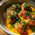 Close-up van heerlijke Spicy Braziliaanse Kip met Kokos in een romige saus, gegarneerd met verse peterselie.