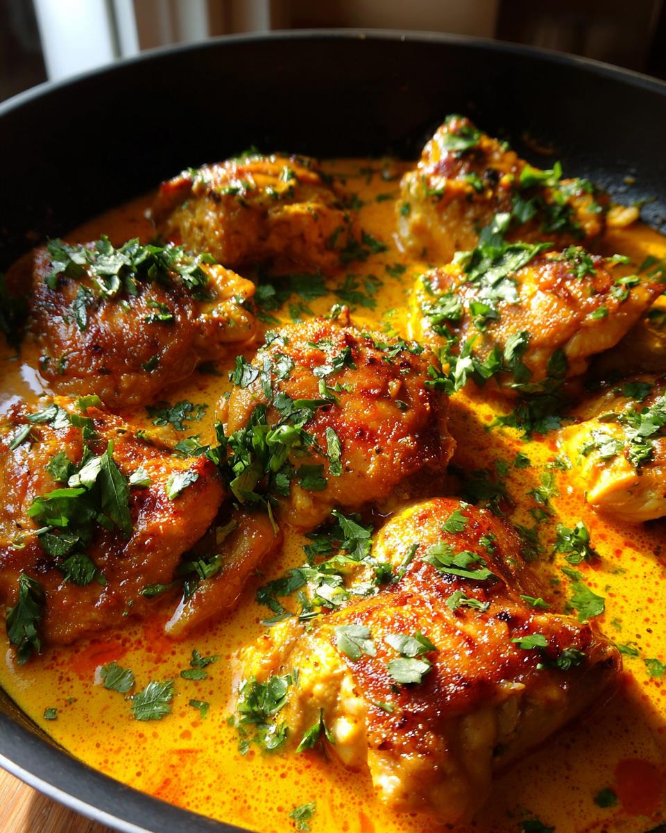 Close-up van Spicy Braziliaanse Kip met Kokos in een pan, gegarneerd met verse peterselie.
